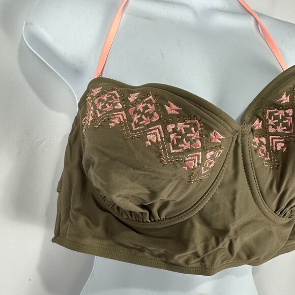 Candies Swim XL Olive Bikini Top With Peach Embroidery & Halter Straps - Picture 2 of 7